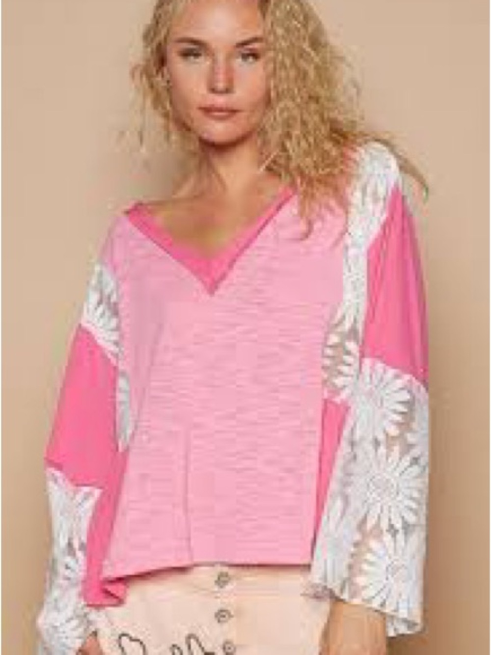 POL- Pink V-Neck Floral Sleeve Women's Top